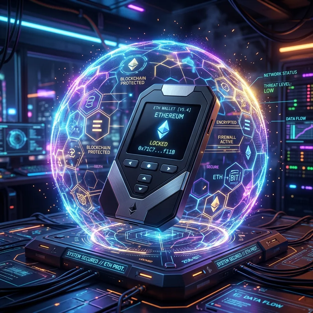 A glowing digital shield protecting a sleek Ethereum hardware wallet device