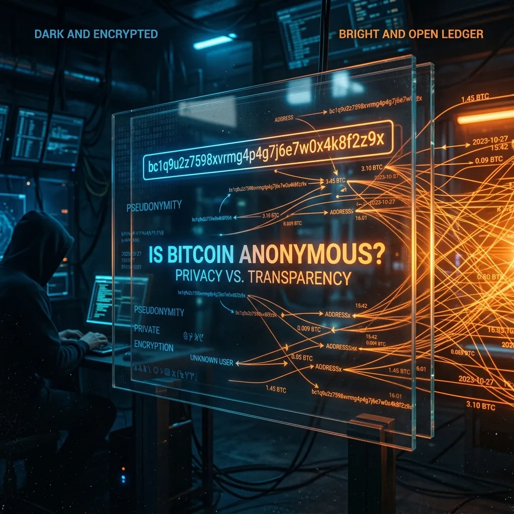 Is Bitcoin anonymous — high-aesthetic visualization of the duality between public transparency and private digital identity
