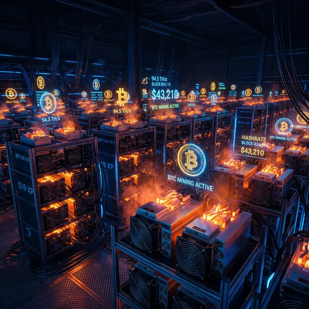 Bitcoin miners securing the network — high-aesthetic visualization of a global energy shield protecting the transaction ledger