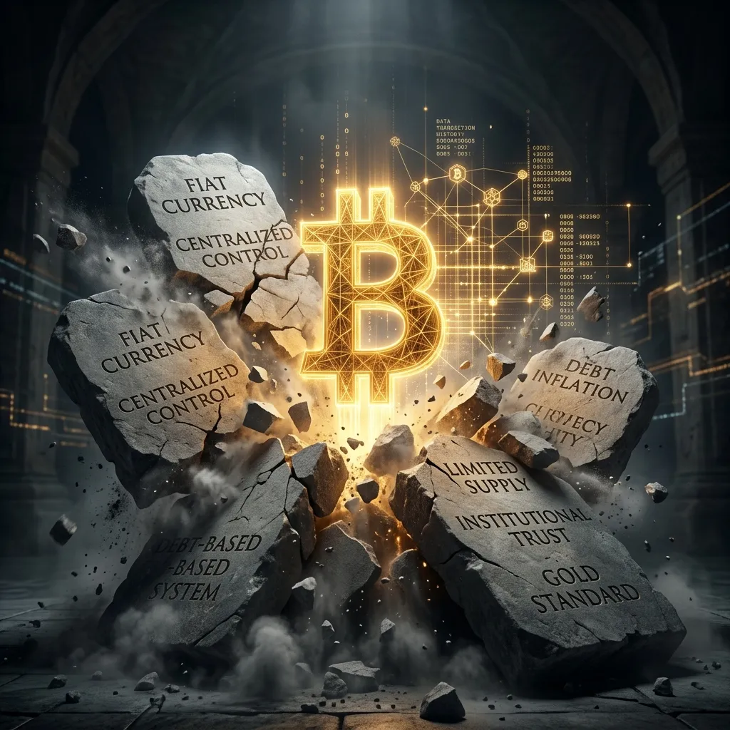 Bitcoin myths debunked — giant stone tablets breaking apart to reveal glowing golden truth