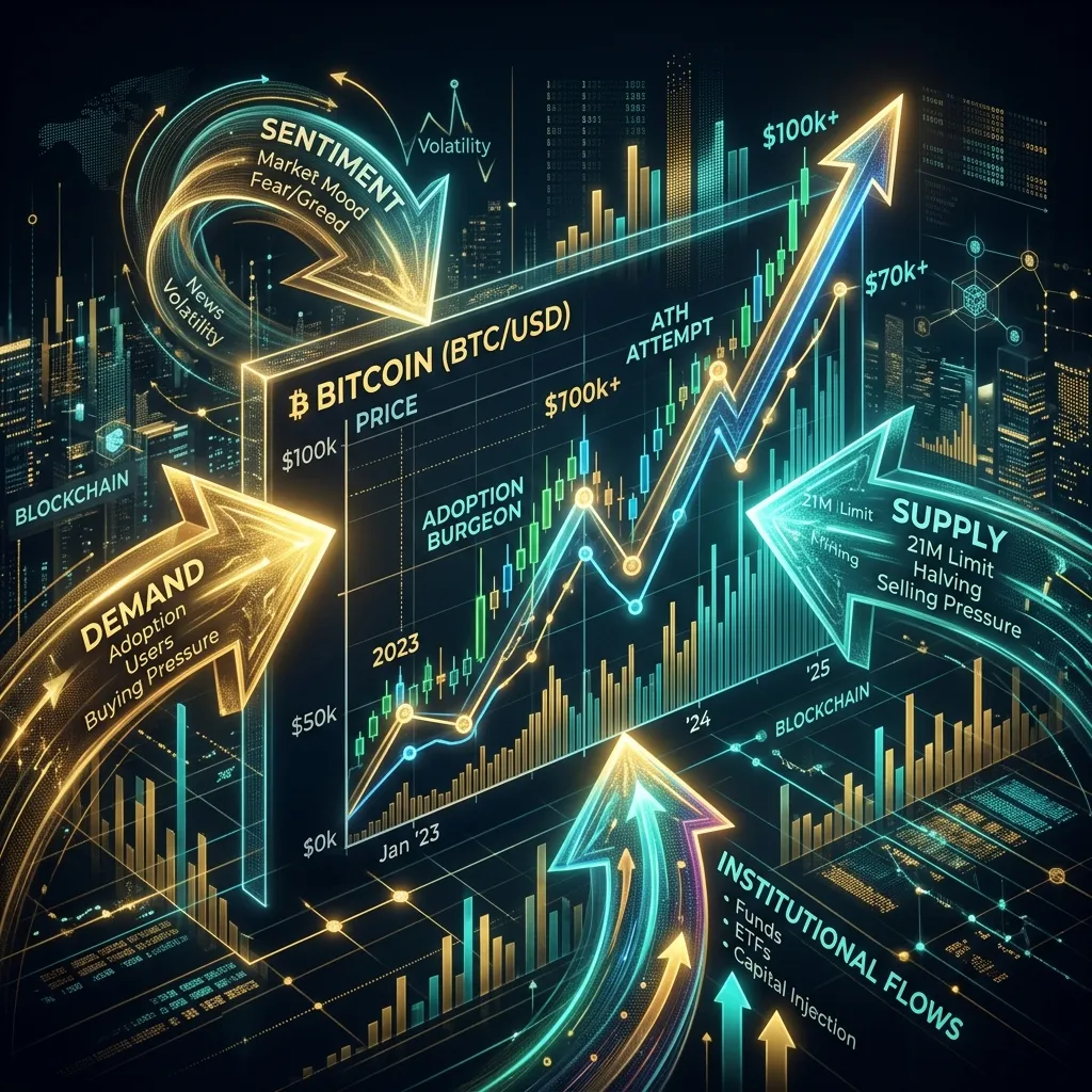 What determines Bitcoin's price — conceptual visualization of market forces and data flows