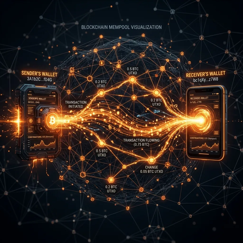 How to send and receive Bitcoin — high-aesthetic visualization of a digital transaction flow between secure wallets