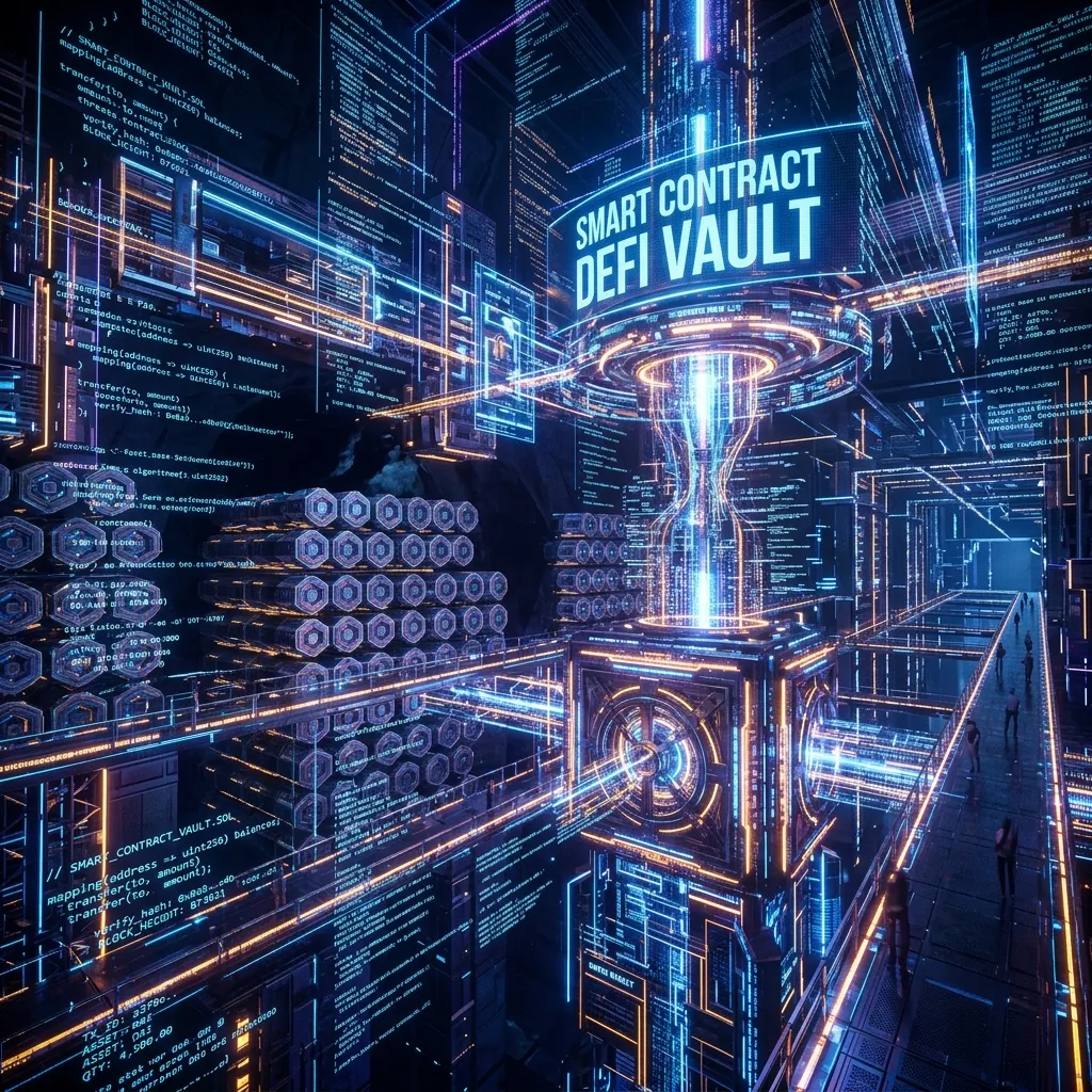 A futuristic digital bank vault completely governed by glowing smart contract code