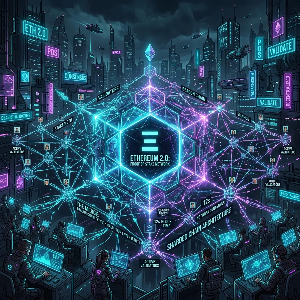 Ethereum 2.0 network upgrade visualization with interlocking glowing data shards