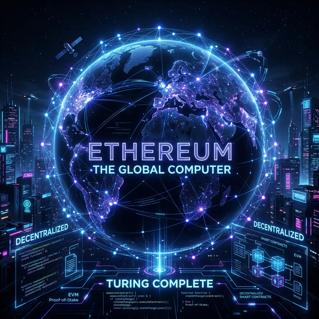 Ethereum network glowing nodes forming a global computer
