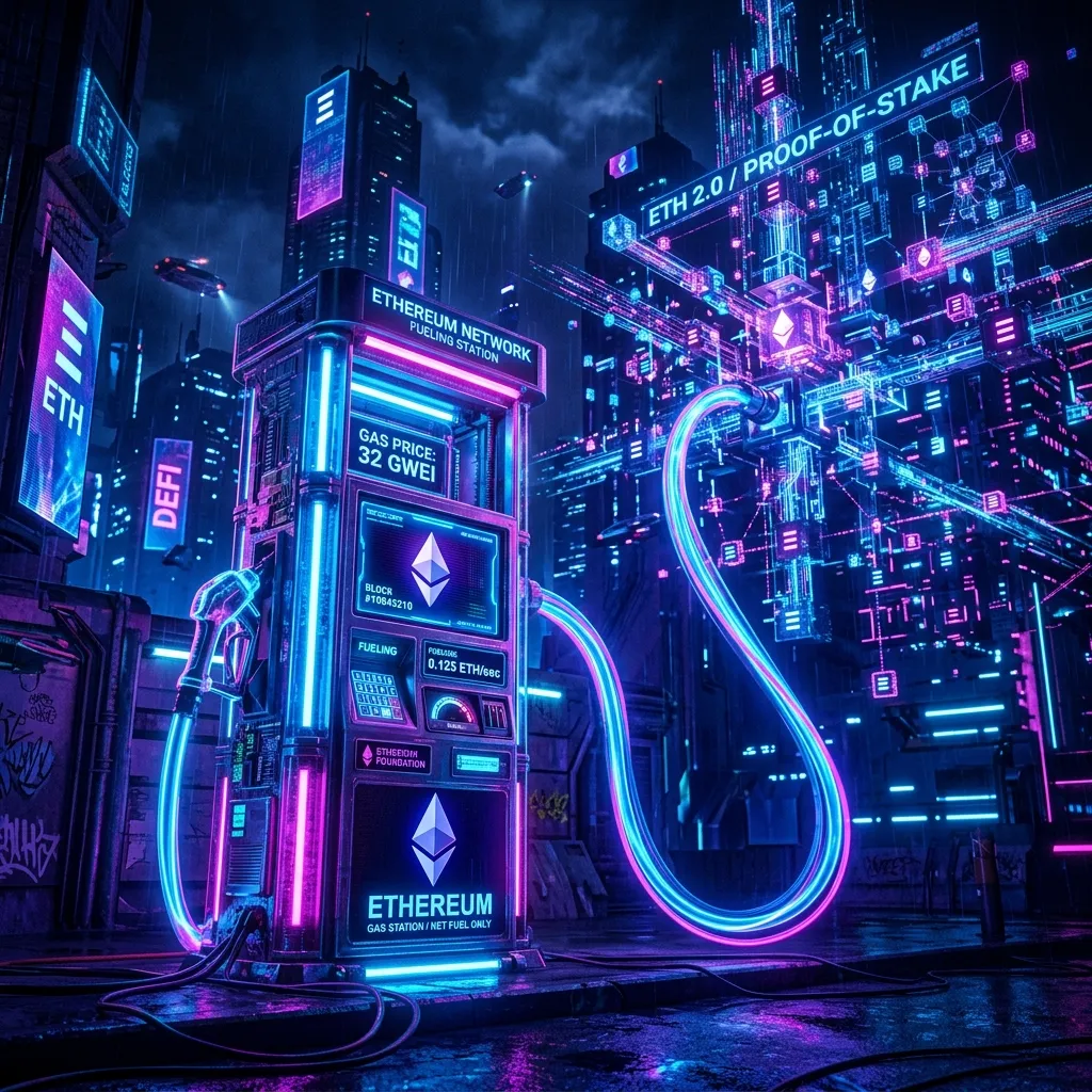 A glowing digital gas pump fueling the Ethereum network