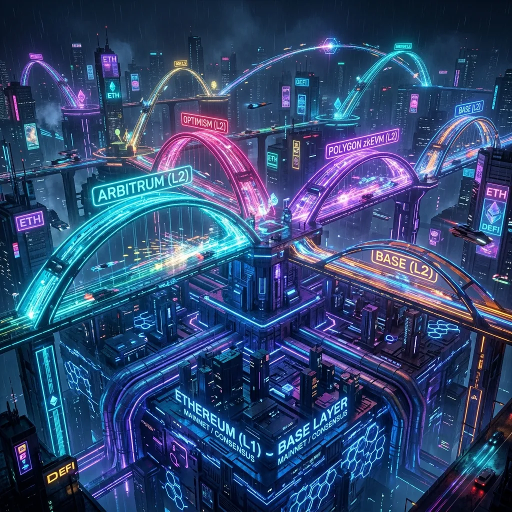 A massive Ethereum base layer supporting glowing, high-speed data bridges above it representing Layer 2 networks