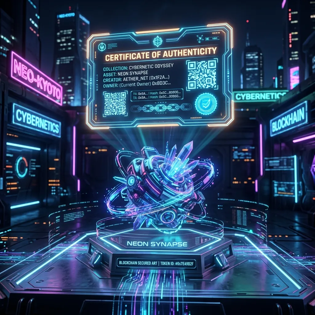 A glowing digital certificate of authenticity hovering over a 3D art piece on the blockchain