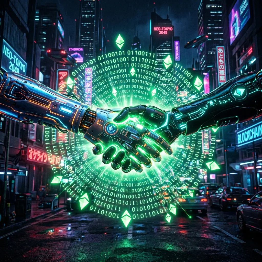 A glowing digital handshake surrounded by binary code and Ethereum symbols