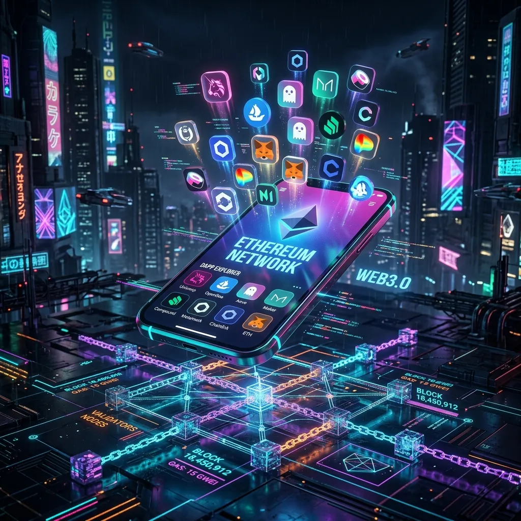 A glowing smartphone displaying decentralized app icons floating above an Ethereum blockchain matrix