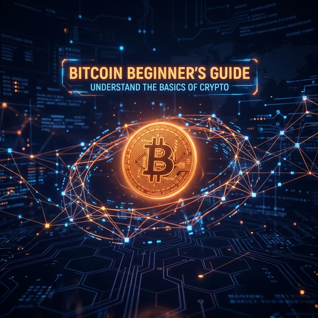 Bitcoin beginner's guide — glowing Bitcoin coin in a digital blockchain network